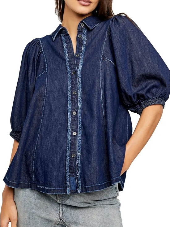 Free People Tops - Free People Suhrie Puff Sleeve Denim Button-Up Shirt
